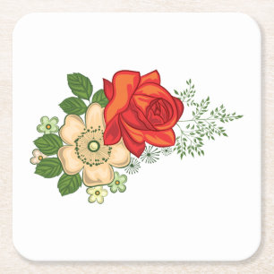 Red Rose and Daisies Square Paper Coaster