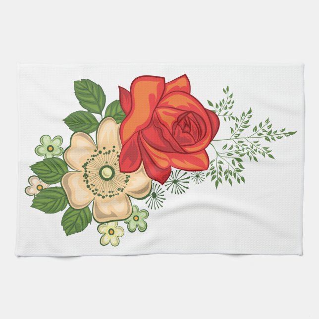 Red Rose and Daisies Tea Towel (Horizontal)