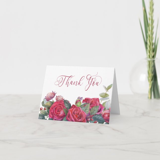 Red Rose and Eucalyptus Elegant Calligraphy Thank You Card (Front)