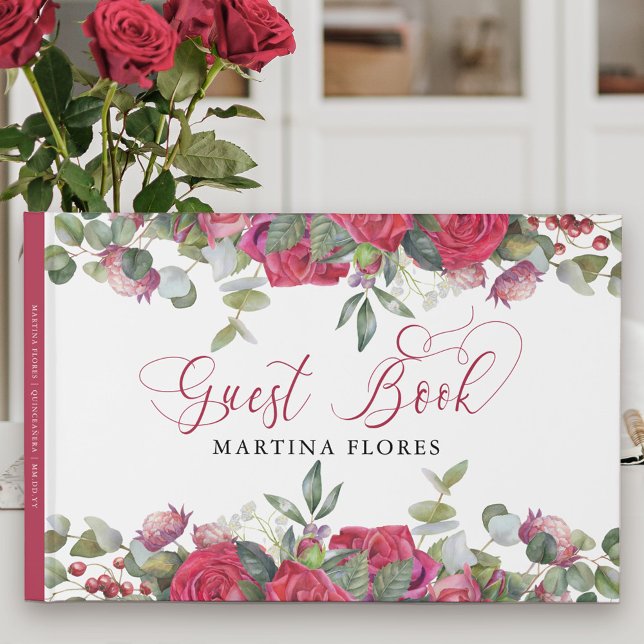 Red Rose and Eucalyptus Elegant Floral Guest Book (Red floral Guest Book with elegant calligraphy. Lovely keepsake .. easy to customize for any event.)