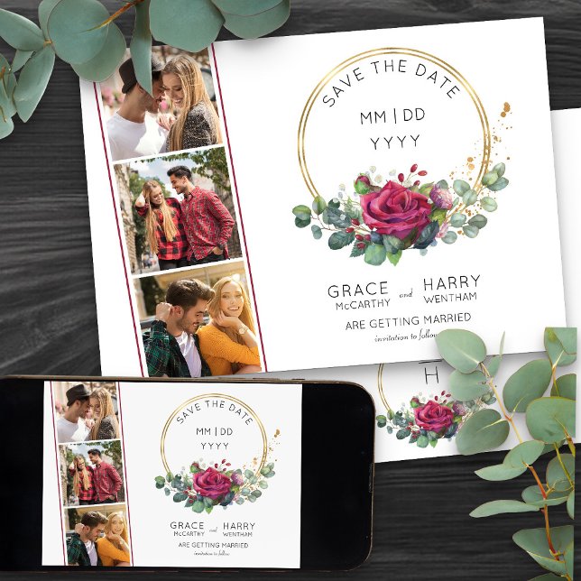 Red Rose and Eucalyptus Gold Frame 3 Photo Wedding Save The Date (3 Photo Save the Date card from my Red Rose and Eucalyptus Wedding Collection)