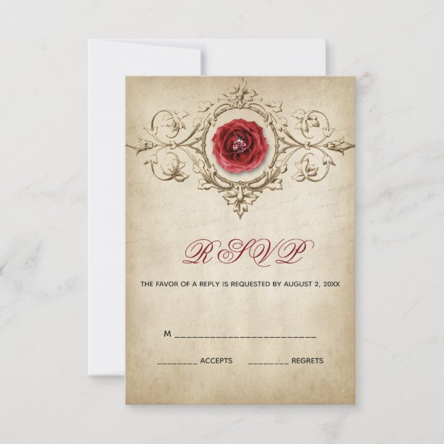Red Rose And Floral Ornament RSVP Card (Front)