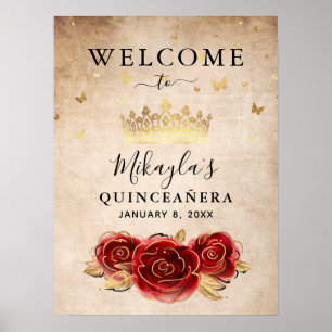 Red Rose and Gold Crown Elegant Welcome Party Poster