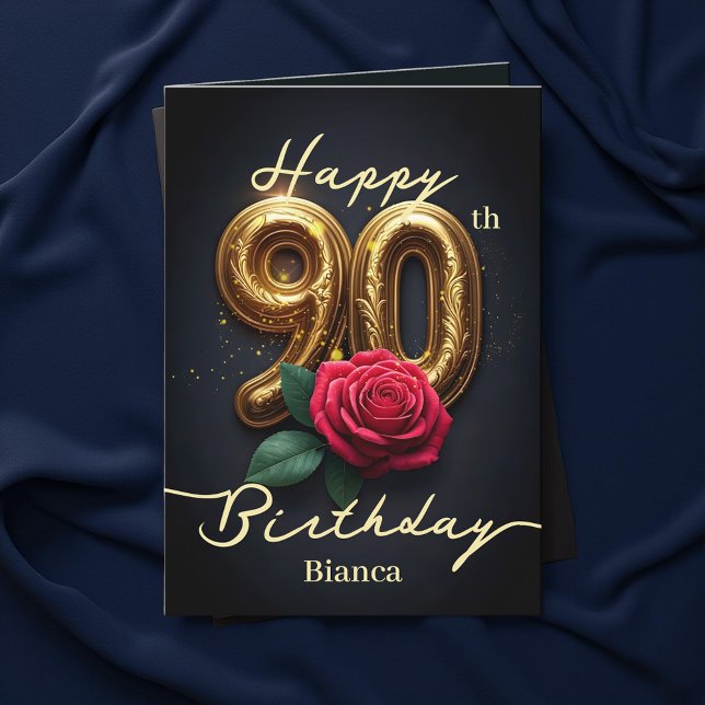 Red Rose and Gold Filigree Number 90th Birthday Card (Creator Uploaded)