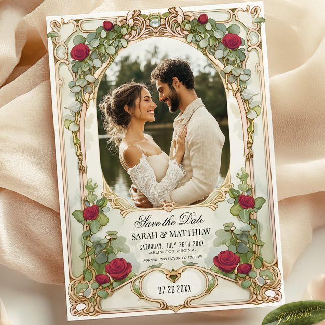Red Rose and Gold Floral Save the Date with Photo  Invitation (Creator Uploaded)