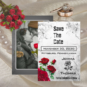 Red Rose and Grunge Textured Wedding Save the Date Invitation
