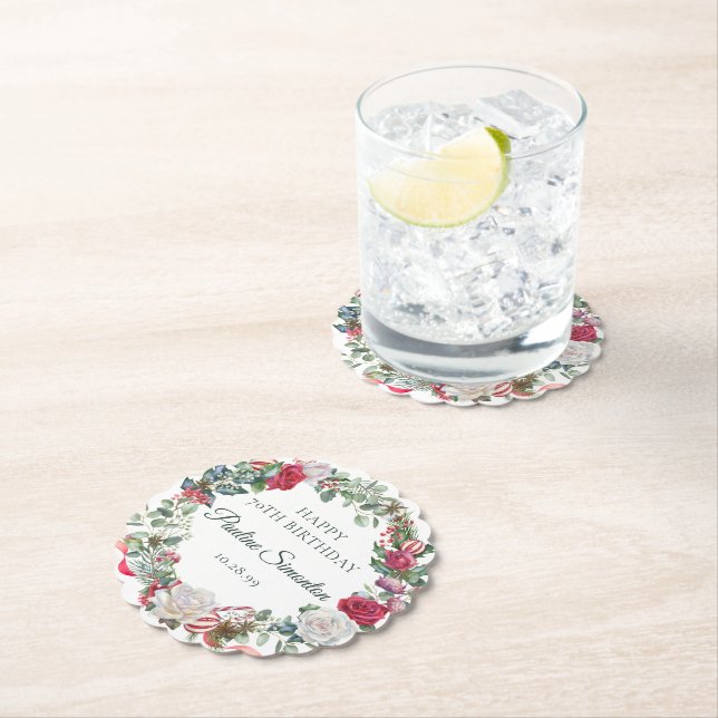 Red Rose and Holly 70th Birthday Elegant Paper Coaster (Insitu)