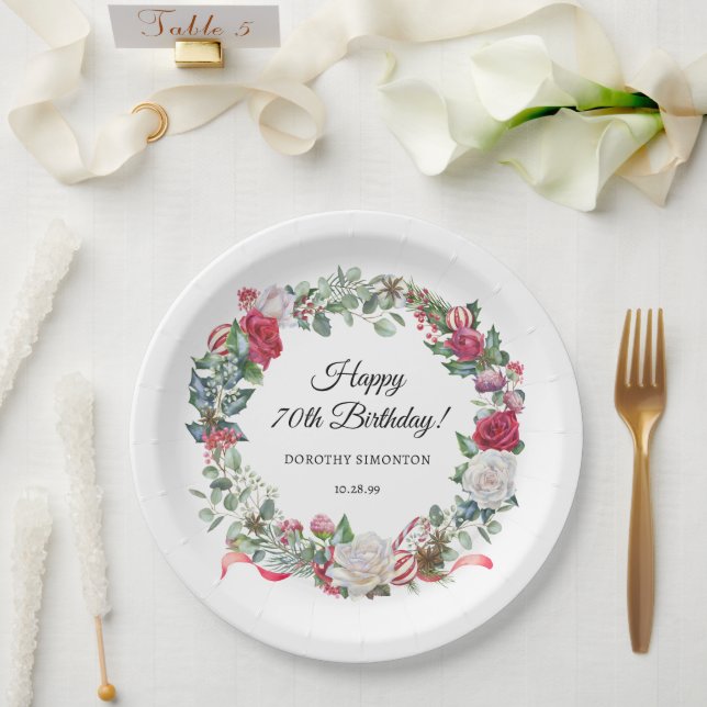 Red Rose and Holly 70th Birthday Elegant Paper Plate (Wedding)