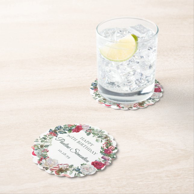Red Rose and Holly 90th Birthday Elegant Paper Coaster (Insitu)