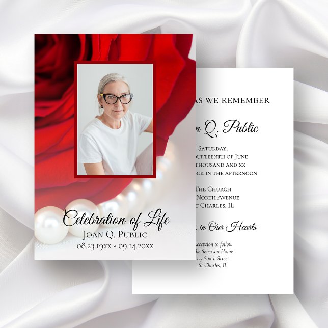 Red Rose and Pearls Celebration of Life Funeral Invitation (Creator Uploaded)