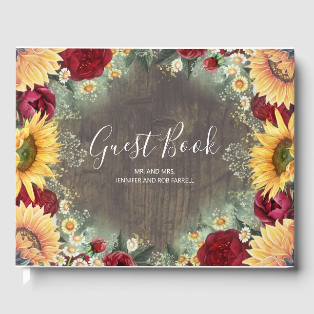 Red Rose and Sunflower Rustic Fall Wedding Guest Book (Front)
