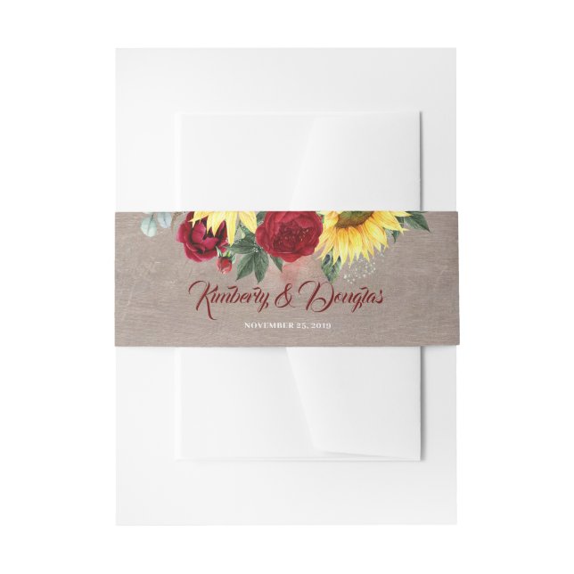 Red Rose and Sunflower Rustic Fall Wedding Invitation Belly Band (Front Example)