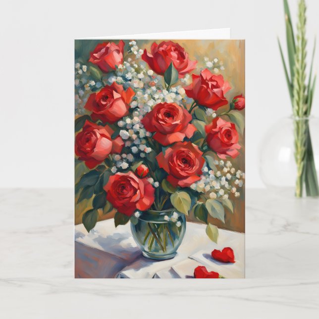 Red Rose and White Baby's Breath Valentine Card (Front)