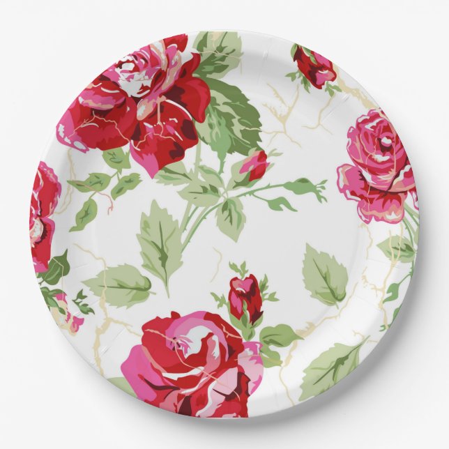 Red rose and white classic print paper plates (Front)