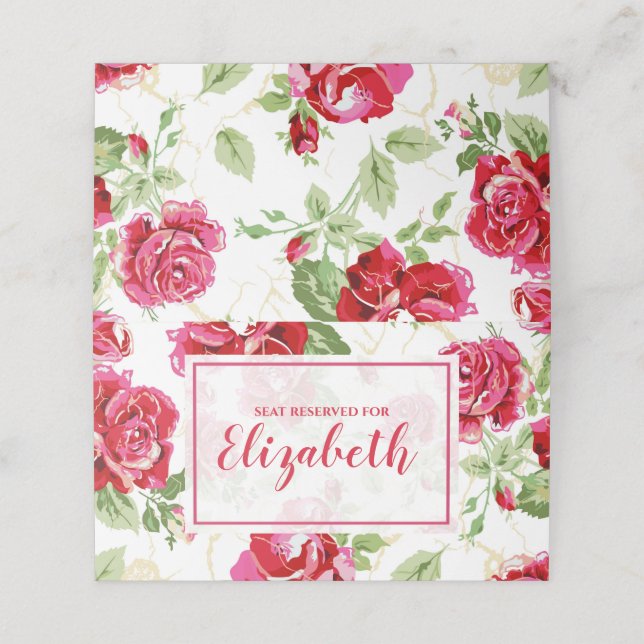 Red rose and white classic print place card (Outside Unfolded)