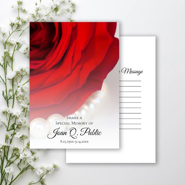 Red Rose and White Pearls Share a Memory Funeral  Card (Creator Uploaded)