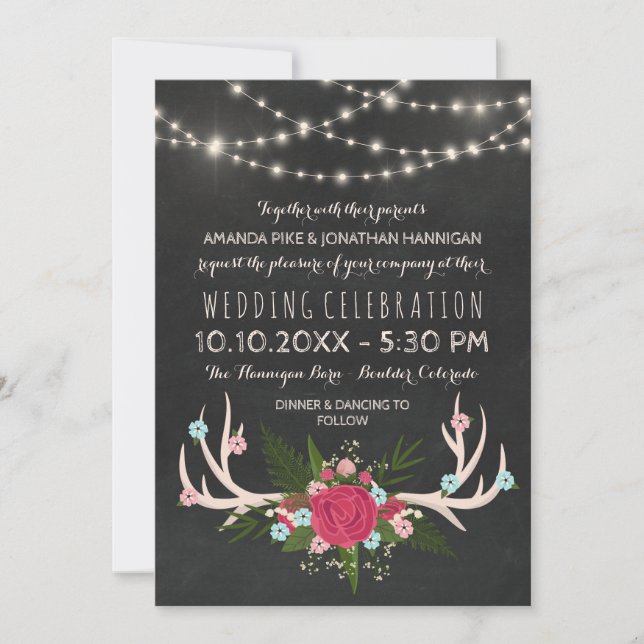 Red Rose Antlers - Rustic Chalkboard Wedding Invitation (Front)
