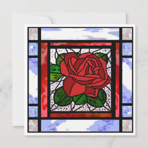 Red Rose Art Deco Blue Stained Glass Card