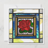 Red Rose Art Deco Teal Stained Glass Card