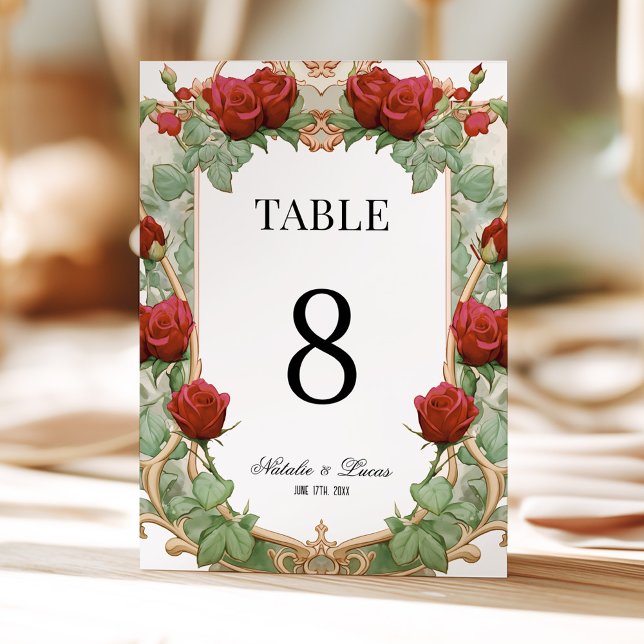 Red Rose Art Nouveau Wedding Table Number (Creator Uploaded)