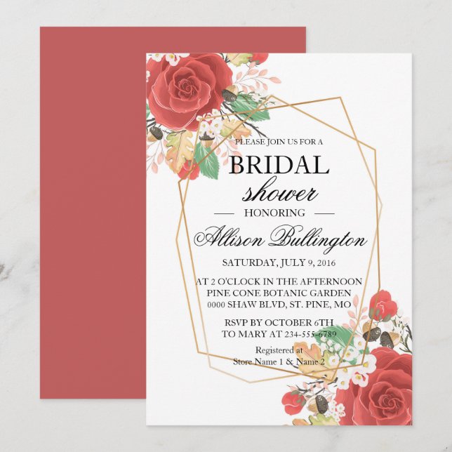 Red rose autumn  Bridal Shower Invitation (Front/Back)