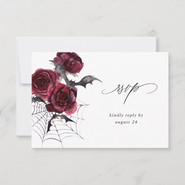 Red Rose & Bat Halloween Party w Meal RSVP White Card (Front)