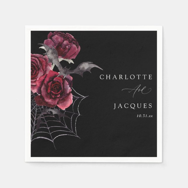 Red Rose & Bats Halloween Wedding- Black 2 Napkin (Front)