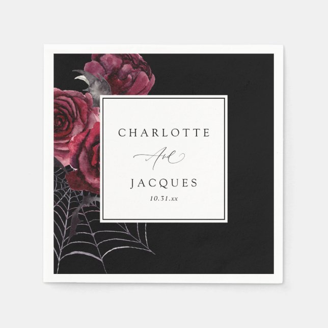 Red Rose & Bats Halloween Wedding- Black Napkin (Front)