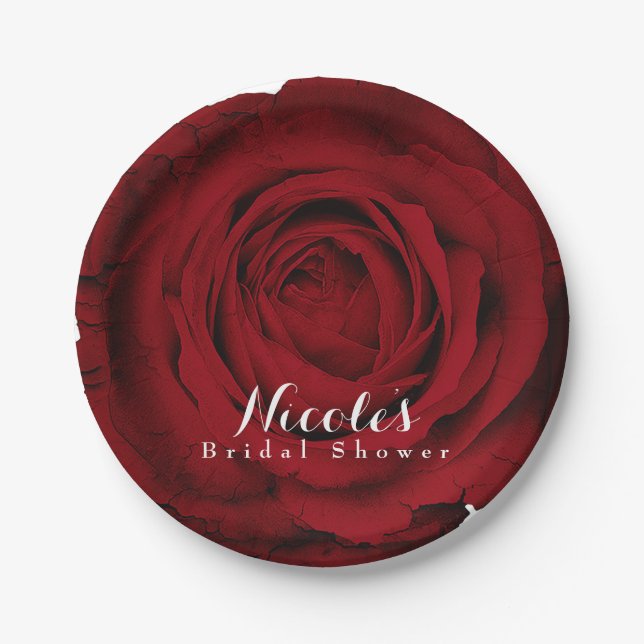 Red Rose Beautiful Floral Elegant Party Custom Paper Plate (Front)