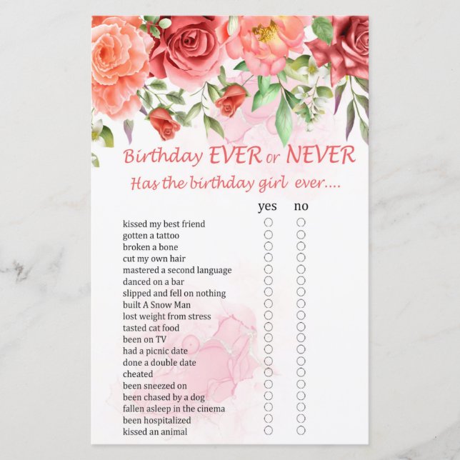 Red Rose Birthday Ever or Never Game (Front)