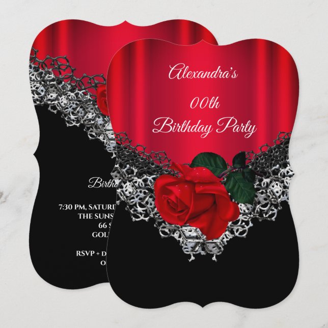Red Rose Birthday Party Lace Black Silver Invitation (Front/Back)