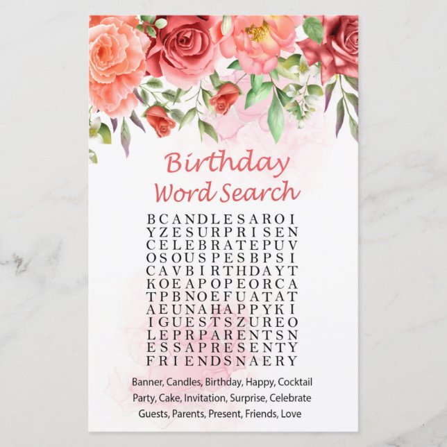 Red Rose Birthday Word Search Game (Front)