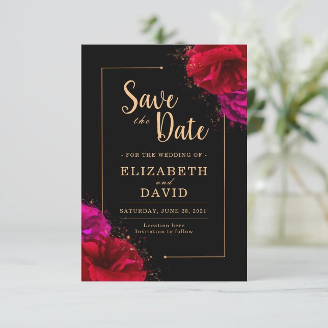 Red Rose Black and Gold Elegant Save The Date (Standing Front)