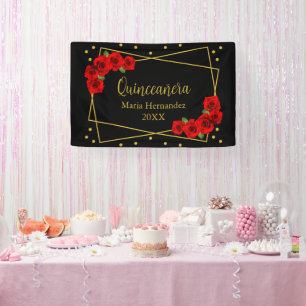 Red Rose Black and Gold Quinceañera Banner