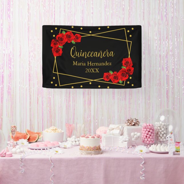 Red Rose Black and Gold Quinceañera Banner (Party)