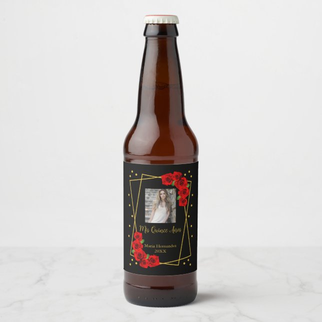 Red Rose Black and Gold Quinceañera Beer Bottle Label (Front)