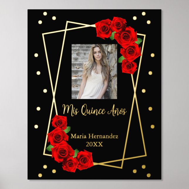 Red Rose Black and Gold Quinceañera Foil Prints (Front)