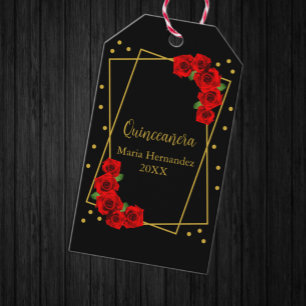 Red Rose Black and Gold Quinceañera Gift Tags