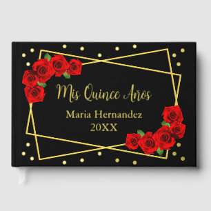 Red Rose Black and Gold Quinceañera Guest Book