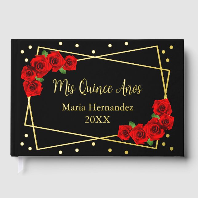 Red Rose Black and Gold Quinceañera Guest Book (Front)