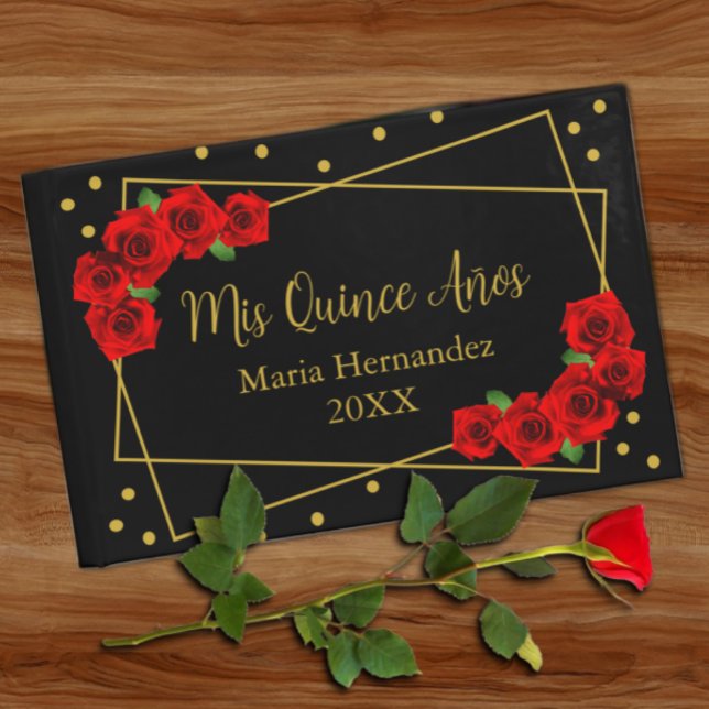 Red Rose Black and Gold Quinceañera Guest Book (Creator Uploaded)