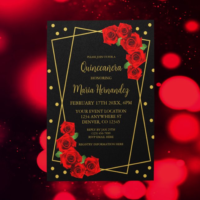 Red Rose Black and Gold Quinceañera Invitation (Creator Uploaded)