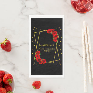 Red Rose Black and Gold Quinceañera Napkin