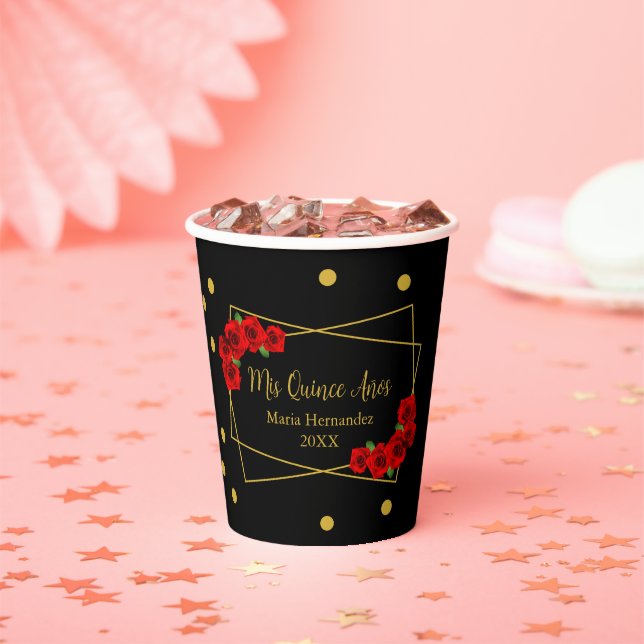 Red Rose Black and Gold Quinceañera Paper Cups (Insitu)