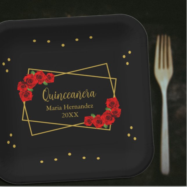 Red Rose Black and Gold Quinceañera Paper Plate (Creator Uploaded)