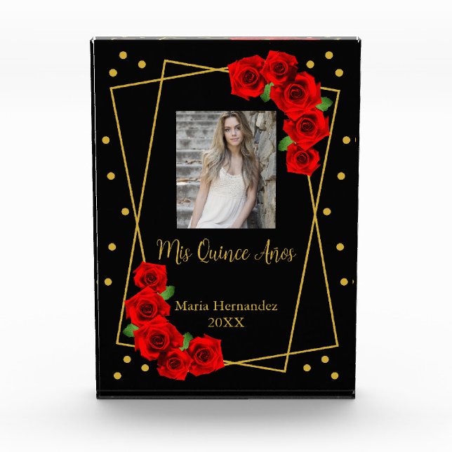 Red Rose Black and Gold Quinceañera Photo Block (Front)