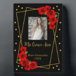 Red Rose Black and Gold Quinceañera Plaque<br><div class="desc">Gold and black Quinceañera with vibrant traditional red roses and classic script typography. Photo template via Pixabay licensed under CC0 and must be replaced with your own photo</div>
