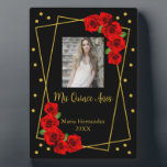 Red Rose Black and Gold Quinceañera Plaque<br><div class="desc">Gold and black Quinceañera with vibrant traditional red roses and classic script typography. Photo template via Pixabay licensed under CC0 and must be replaced with your own photo</div>