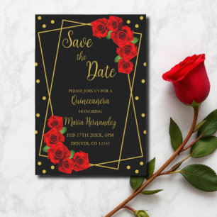 Red Rose Black and Gold Quinceañera Save The Date