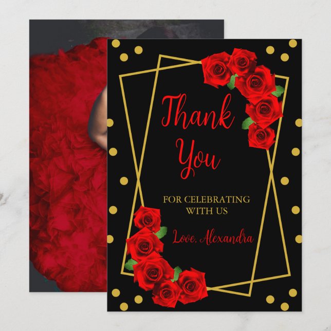 Red Rose Black and Gold Quinceañera Thank You Card (Front/Back)